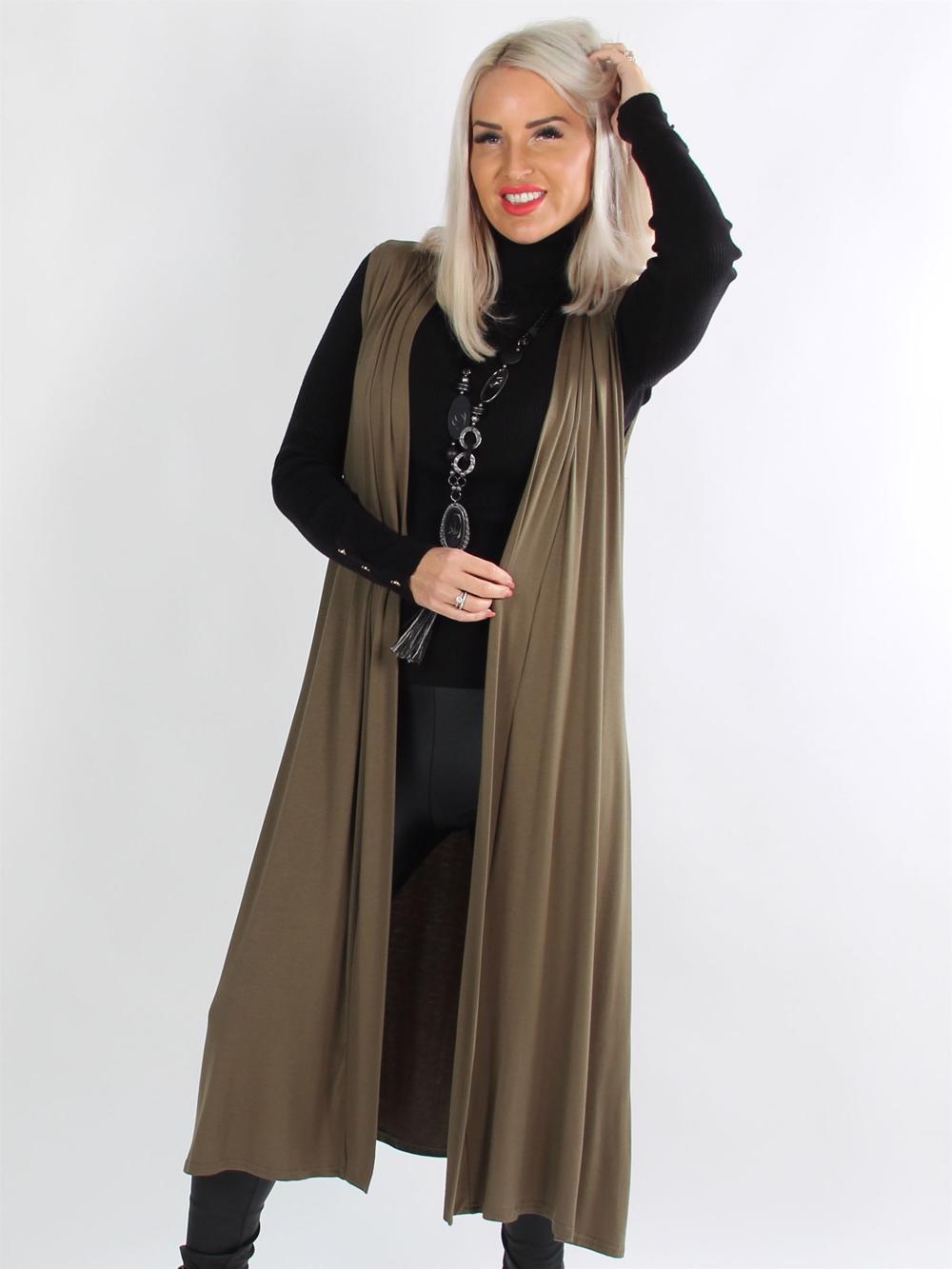 Mia - Armygrøn lang jersey cardigan uden ærmer
